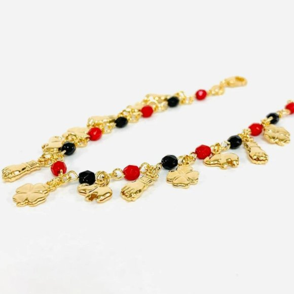 14K Gold Fill Azabache Bracelet Black Red Beads Elephant Bracelet 7.5" Good Luck - Picture 4 of 4
